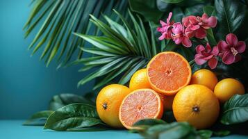 Fresh oranges and tropical flowers arranged beautifully photo