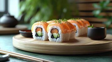 Fresh sushi rolls on wooden platter with soy sauce and chopsticks photo