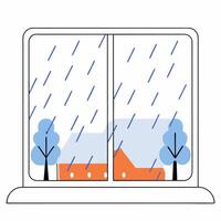 Rainy Day Window View Cozy House Illustration with Trees. vector