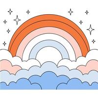 Pastel Rainbow Clouds Stars Illustration Soft Colors, Dreamy Design. vector