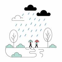 Rainy Day Park Scene Simple Line Art Illustration Two Figures with Umbrellas. vector
