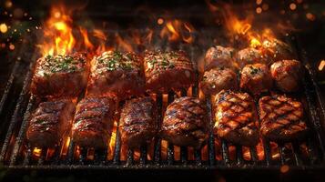 Sizzling BBQ with grilled meats and flames creating delicious atmosphere photo