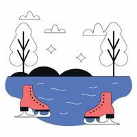 Winter Ice Skating Scene Minimalist Pink Skates on Frozen Lake Illustration. vector