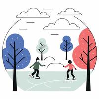 Winter Ice Skating Scene Colorful Flat Illustration of Two People Skating. vector