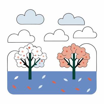 Spring and Autumn Trees Illustration Colorful, Simple Style. vector