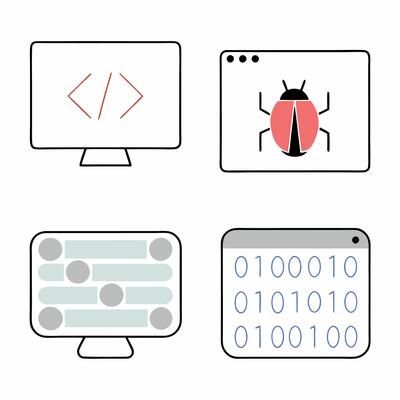 Software Development Icons Coding, Bug, UI.