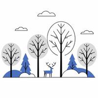 Minimalist Winter Deer Scene Blue Reindeer, Bare Trees. vector