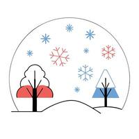 Minimalist Winter Scene Red and Blue Trees, Snowflakes. vector