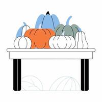 Autumn Pumpkins Harvest Table Orange, Blue. vector