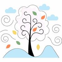 Autumn Tree Whimsical Illustration Colorful Leaves, Gentle Breeze. vector