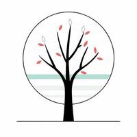 Minimalist Autumn Tree Coral Leaves, Black Branches. vector