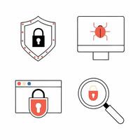 Cybersecurity Icons Shield, Padlock, Bug. vector
