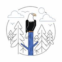 Bald Eagle Line Art Minimalist Wildlife Illustration, Forest Scene. vector