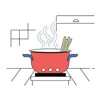 Simple Line Art Illustration Boiling Pasta in Red Pot. vector
