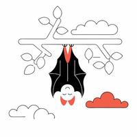 Cute Bat Hanging on Branch Black. vector