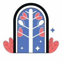 Arched Window Tree Coral Leaves, Blue Background. vector