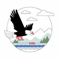 Bald Eagle Mountain Lake Scene Minimalist Wildlife Graphic Black and Coral. vector
