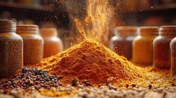 vibrant display of spices with colorful powders and jars, creating rich culinary atmosphere photo