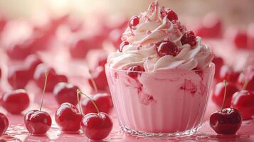 Delicious ice cream sundae topped with cherries and whipped cream photo