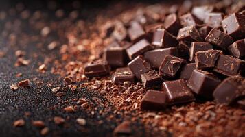 Rich dark chocolate pieces scattered on dark surface, creating tempting scene photo