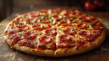 Freshly baked pepperoni pizza with melted cheese and herbs photo