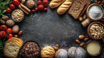 Fresh bakery items and ingredients arranged on dark surface photo