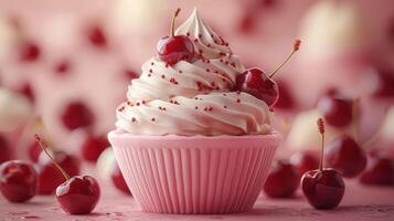 Delicious ice cream sundae topped with cherries and sprinkles photo