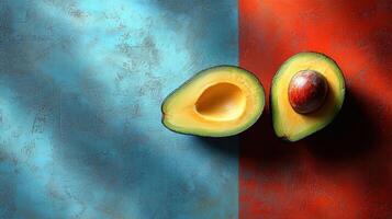 Fresh avocado cut in half on colorful background, showcasing its vibrant interior photo