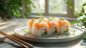Delicious sushi rolls with fresh salmon and vegetables on plate photo
