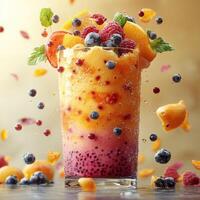 Refreshing colorful fruit smoothie with berries and tropical fruits photo