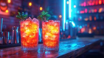 Refreshing cocktails with ice and mint on vibrant bar table photo