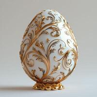 Elegant decorative egg with intricate golden patterns and smooth white surface photo