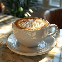 creamy cappuccino with intricate latte art in white cup photo