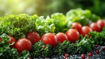Fresh lettuce and tomatoes arranged beautifully, showcasing vibrant colors and textures photo