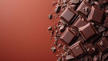 Delicious chocolate pieces scattered on rich brown background photo