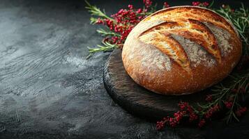 Fresh rustic bread loaf on wooden board with herbs and berries photo
