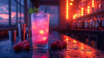 Refreshing cocktail with ice and raspberries on bar table photo