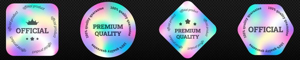 Quality holographic stickers set. Geometric labels for packaging product originality stamps with iridescent gradient vector