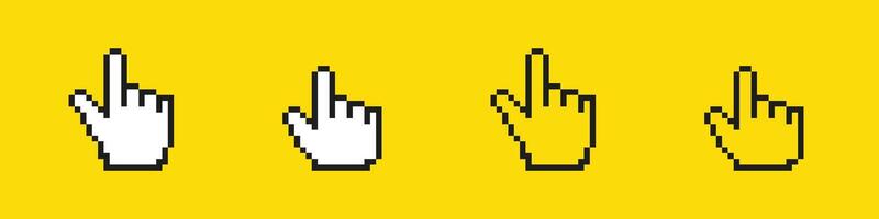 Pixel hand cursor icons in different gestures on yellow vector