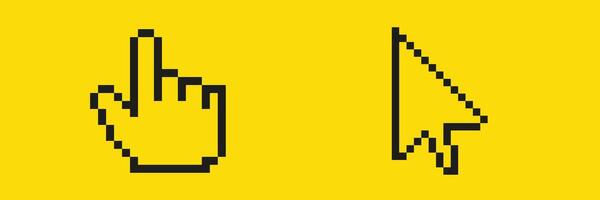 Pixel art hand and arrow cursor icons on yellow background vector