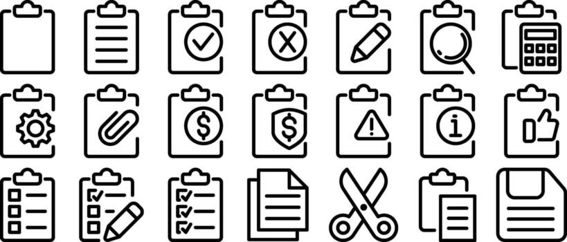 Checklist icon set containing clipboard with checkmark, document, checkbox on paper icon illustration. vector