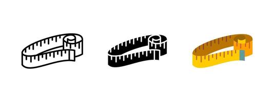 Measuring tape icon. Flexible ruler symbol for length and size measurement. Precision tool illustration. Used in tailoring, construction, and fitness tracking. Calculation and scaling concept. vector