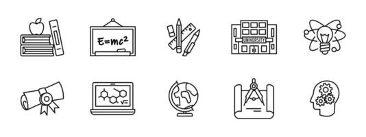 Education icon set. School, university and learning symbols collection. Knowledge, research and academic study illustration. Classroom, diploma, student and science pictogram set. vector