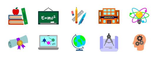 Education colored icon set. School, university and learning symbols collection. Knowledge, research and academic study illustration. Classroom, diploma, student and science pictogram colorful set. vector