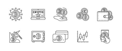 Crypto icon set. Symbols of blockchain, bitcoin, digital wallets and cryptocurrency transactions. icons for mining, investment, exchange and secure payment solutions. vector