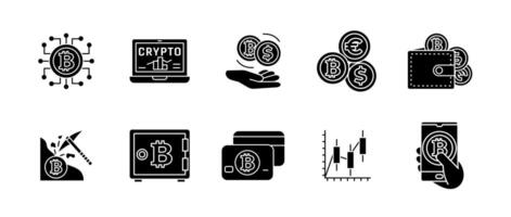 Crypto icon set black. Symbols of blockchain, bitcoin, digital wallets and cryptocurrency transactions. icons for mining, investment, exchange and secure payment solutions glyphs silhouette. vector