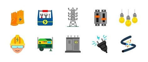 Electricity icon set colored. Power generation, energy and electrical components collection. Voltage, transmission, electrician tools and safety illustration. Engineering colorful icons. vector