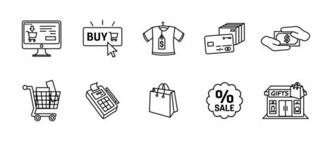 Online shopping icon set. E-commerce, payment and retail symbols collection. Digital transactions, checkout and delivery illustration. Store, discount and marketplace application pictogram. vector