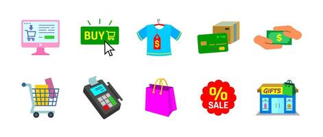 Online shopping icon set colored. E-commerce, payment and retail symbols collection. Digital transactions, checkout and delivery illustration. Store, discount and marketplace colorful pictogram vector