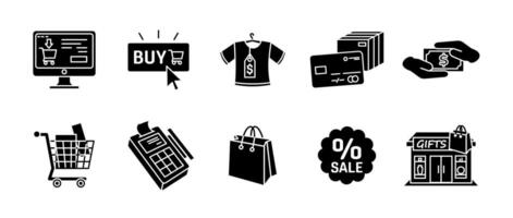 Online shopping icon set black. E-commerce, payment and retail glyph collection. Digital transactions, checkout and delivery illustration. Store, discount and marketplace application pictogram. vector
